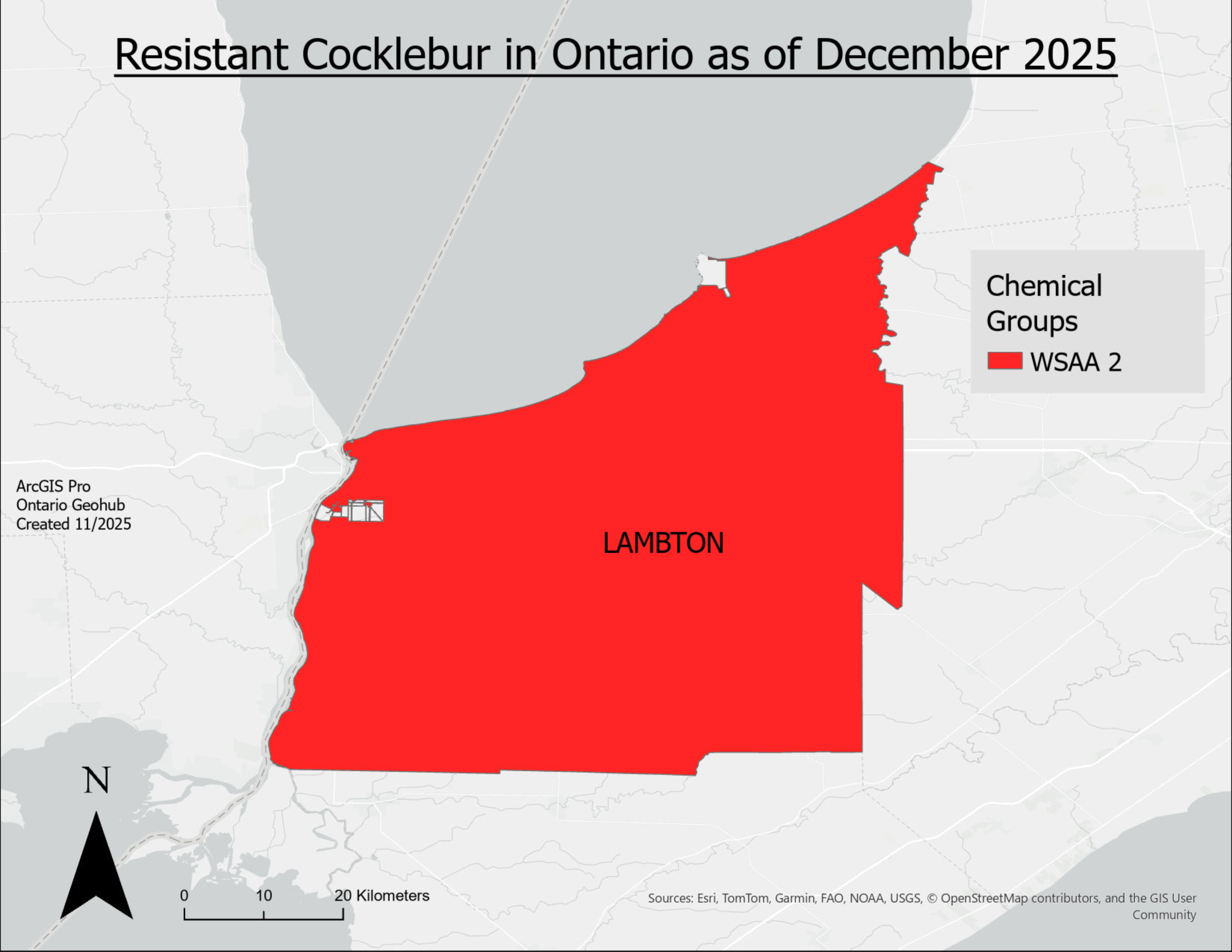 A map of Ontario with counties containing herbicide resistant cocklebur filled in.
