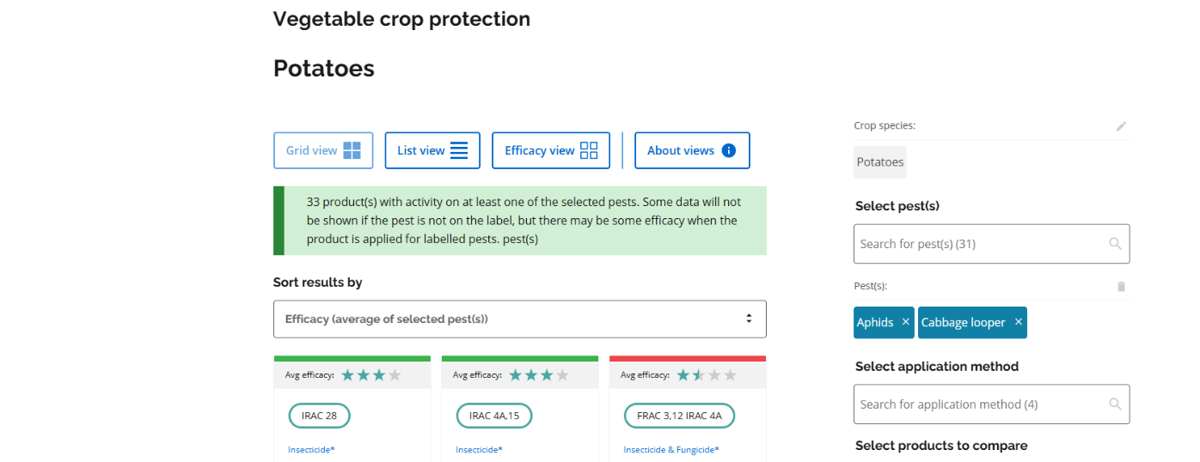 Web page showing crop protection search results for potatoes