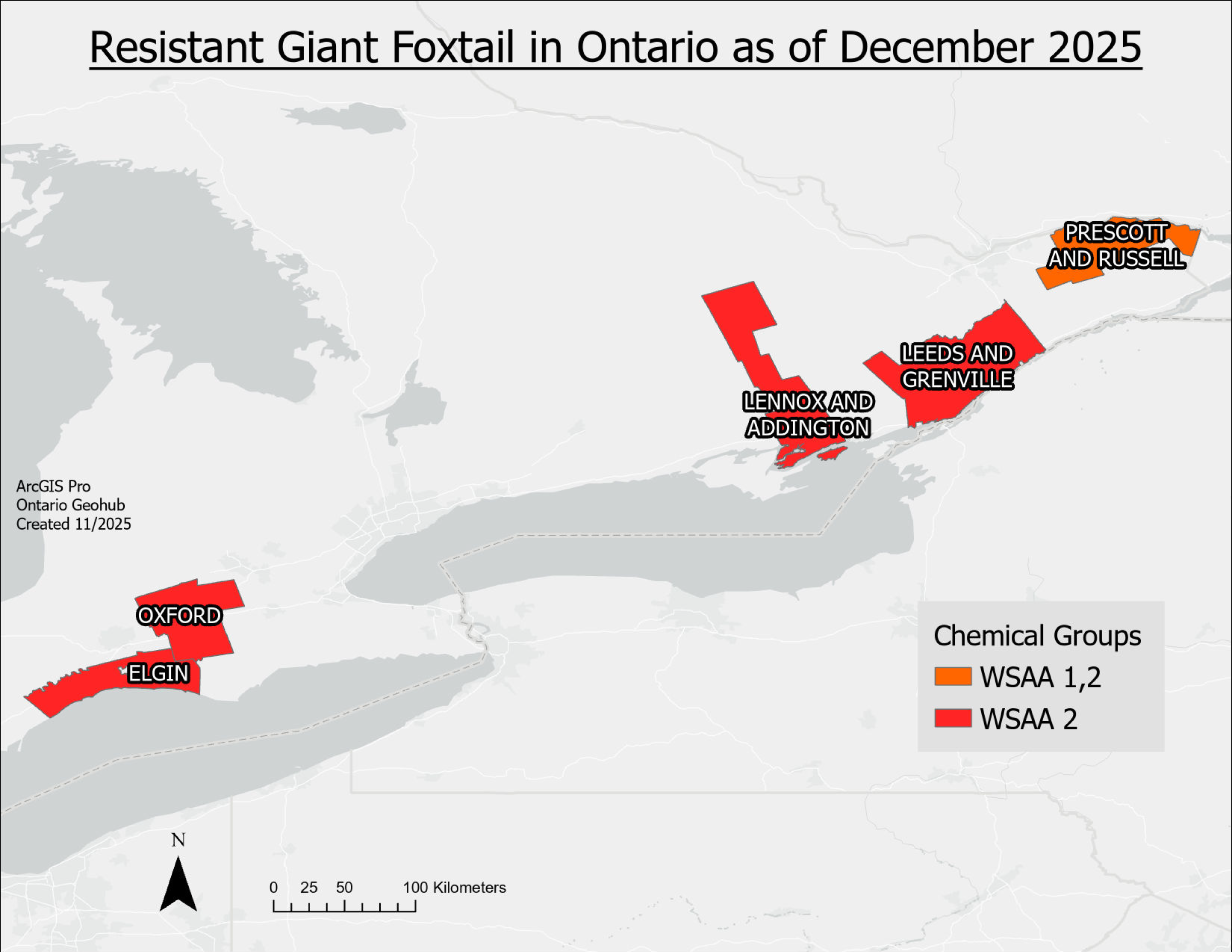 A map of Ontario with counties containing herbicide resistant giant foxtail filled in.