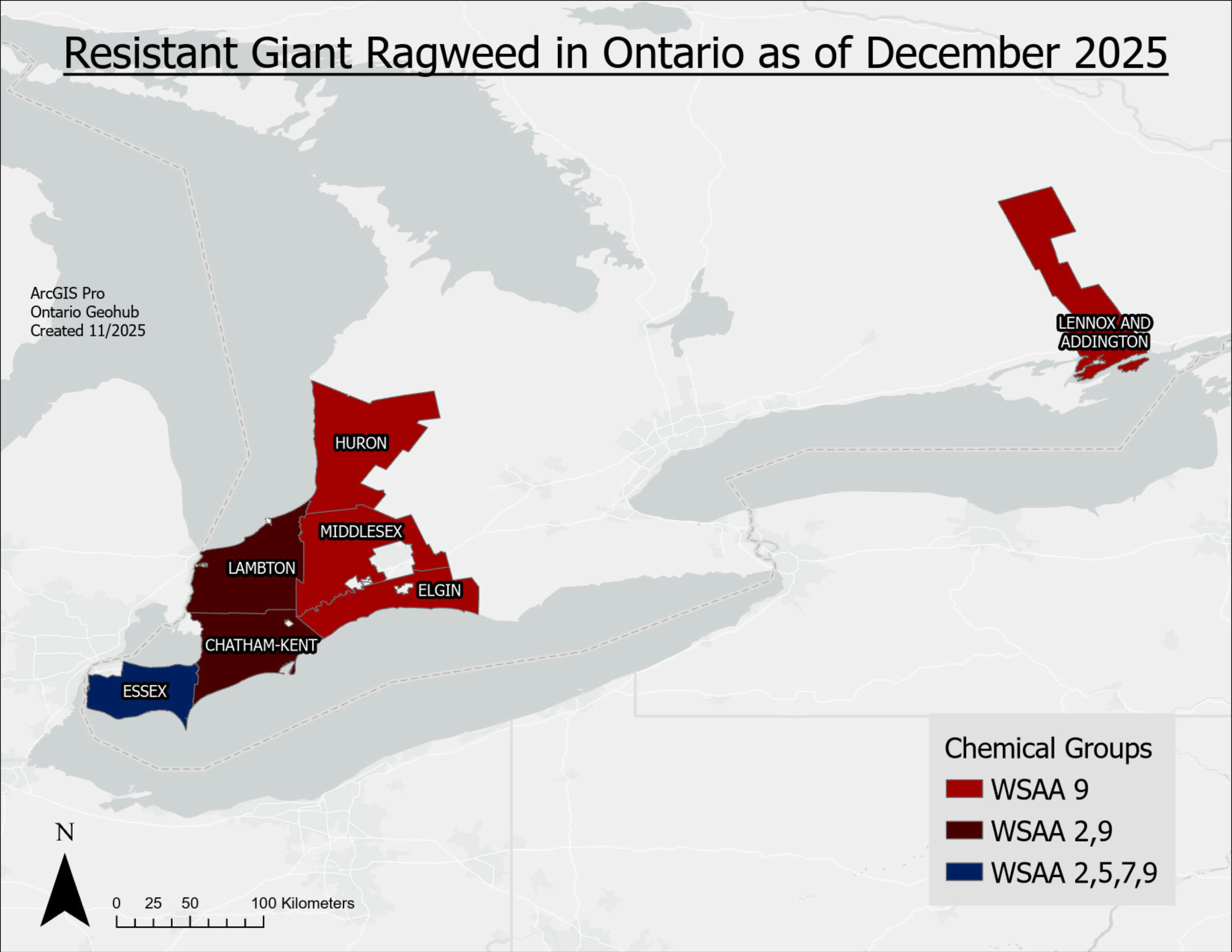 A map of Ontario with counties containing herbicide resistant giant ragweed filled in.