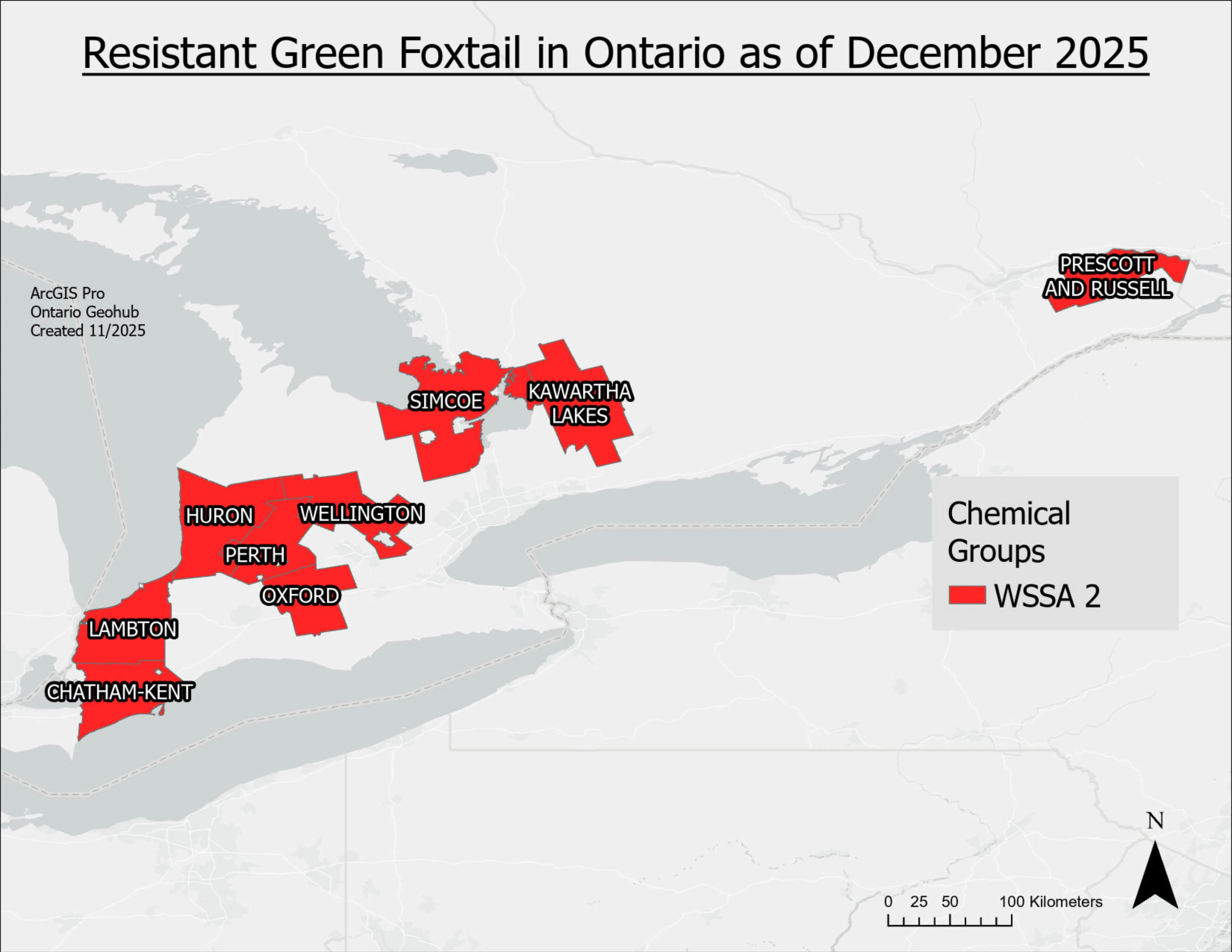 A map of Ontario with counties containing herbicide resistant green foxtail filled in.