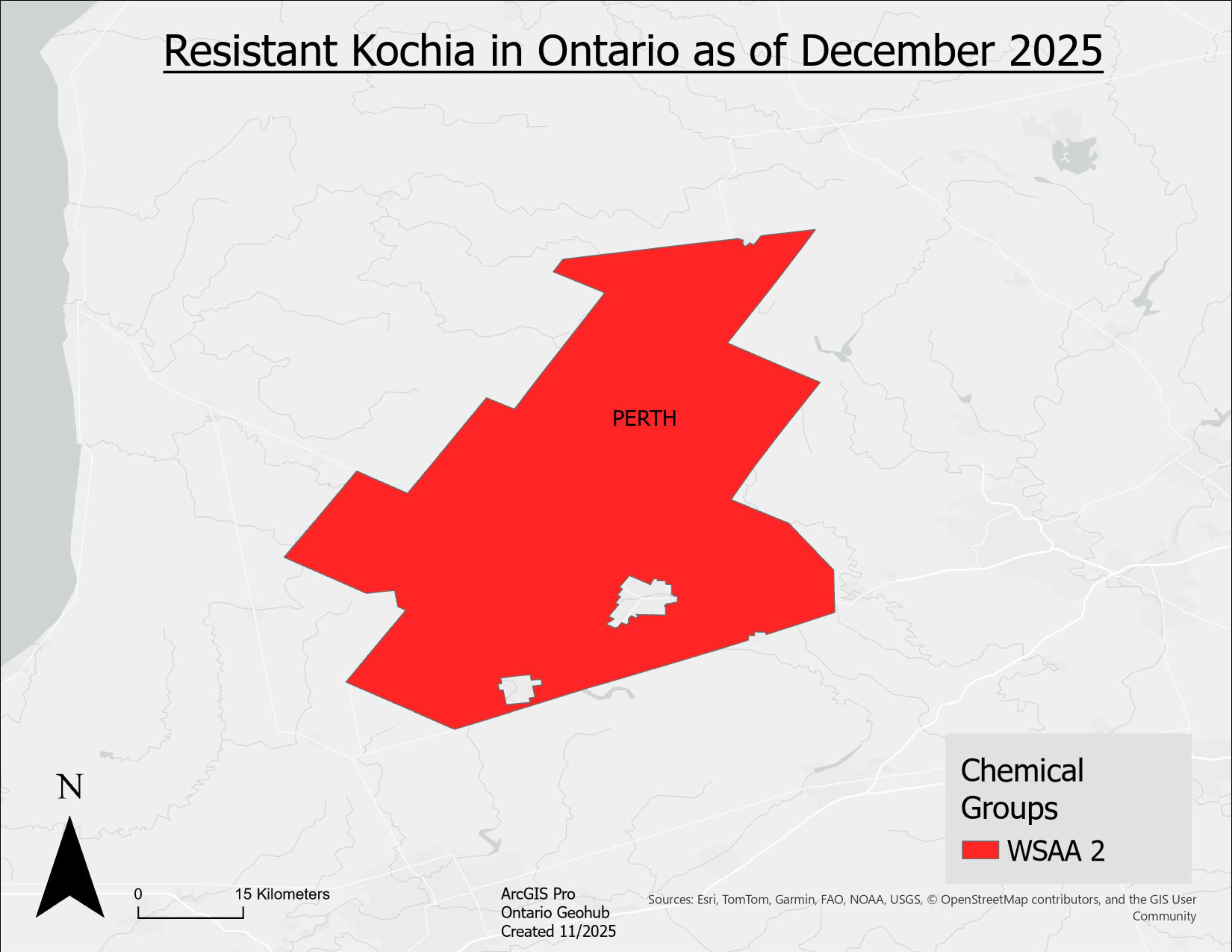 A map of Ontario with counties containing herbicide resistant kochia filled in.