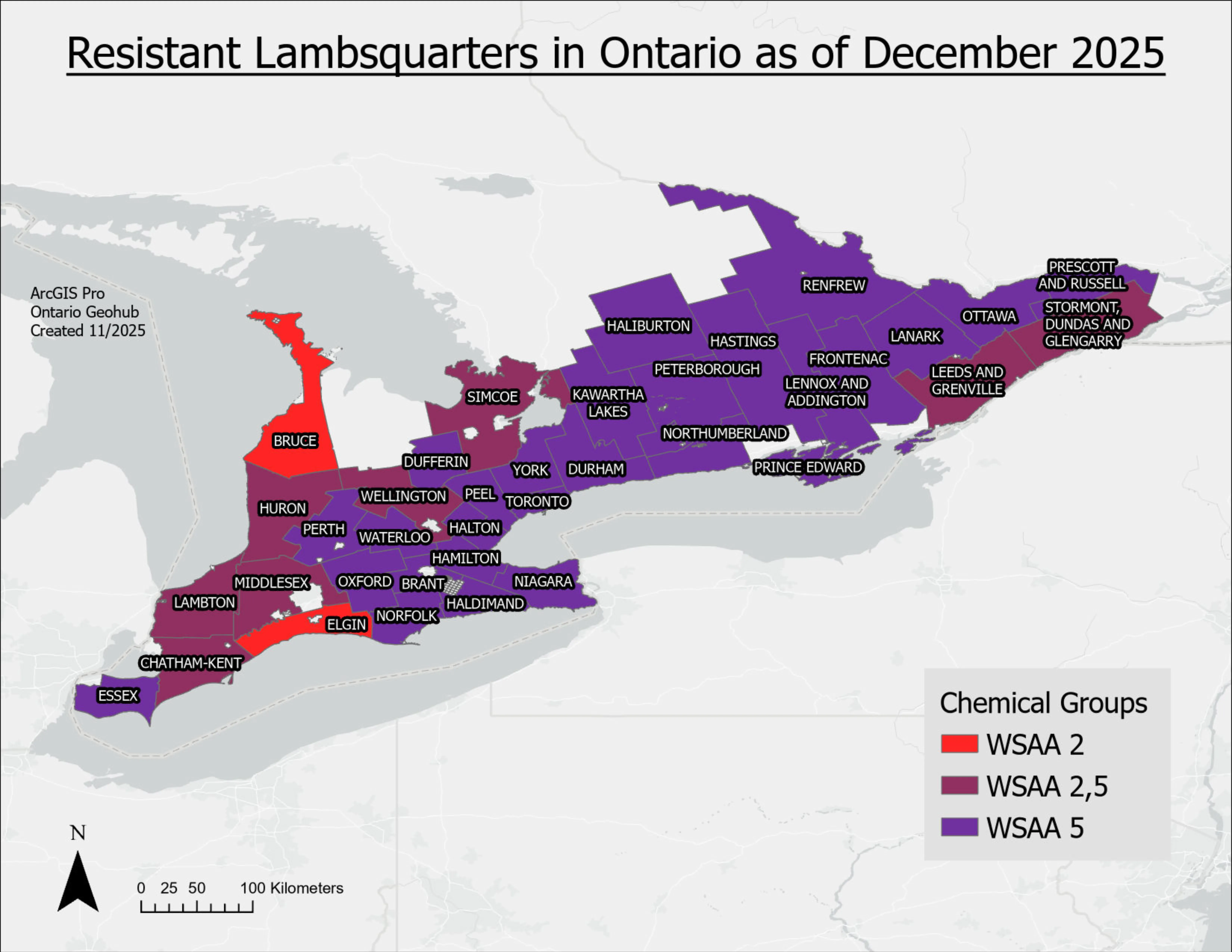 A map of Ontario with counties containing herbicide resistant lambsquarters filled in.