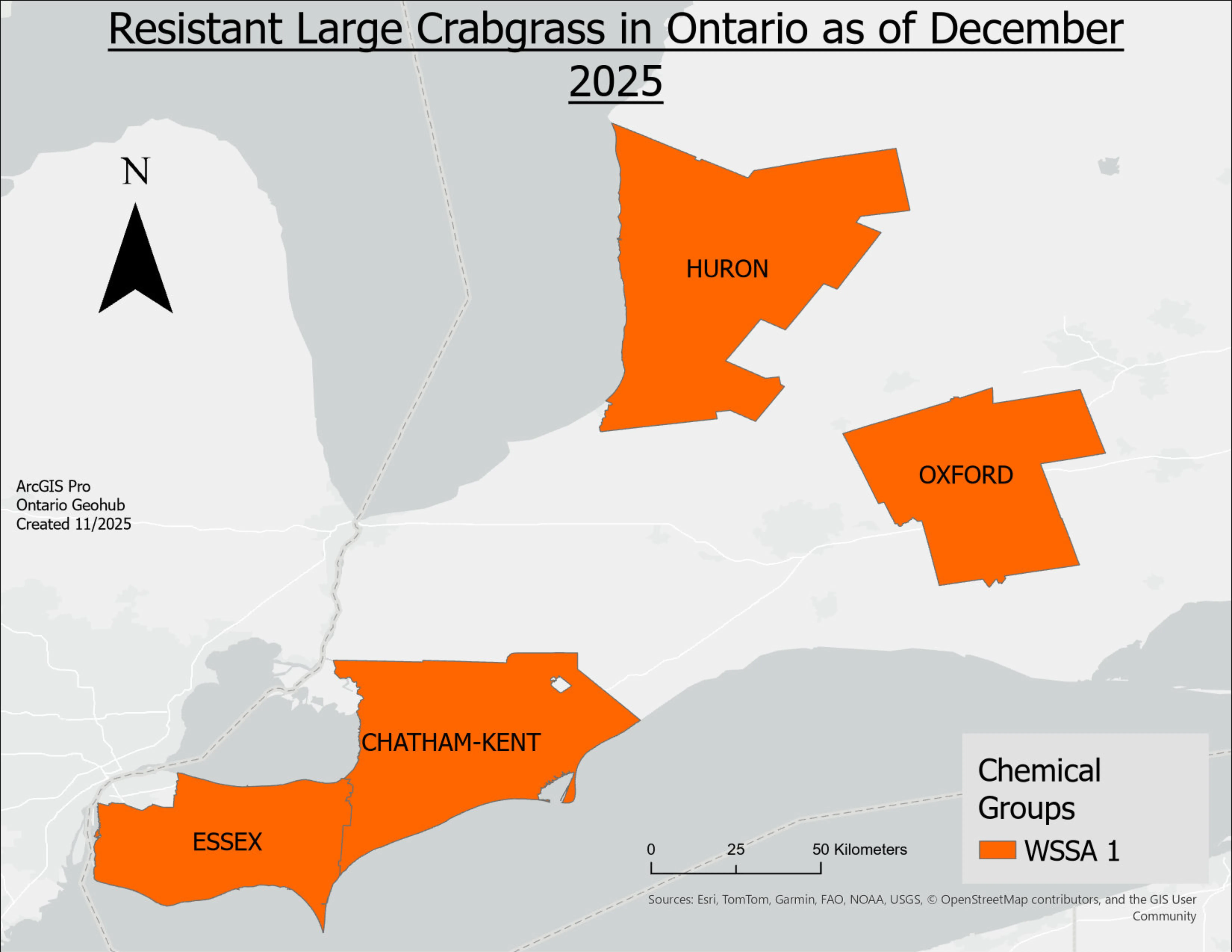 A map of Ontario with counties containing herbicide resistant large crabgrass filled in.