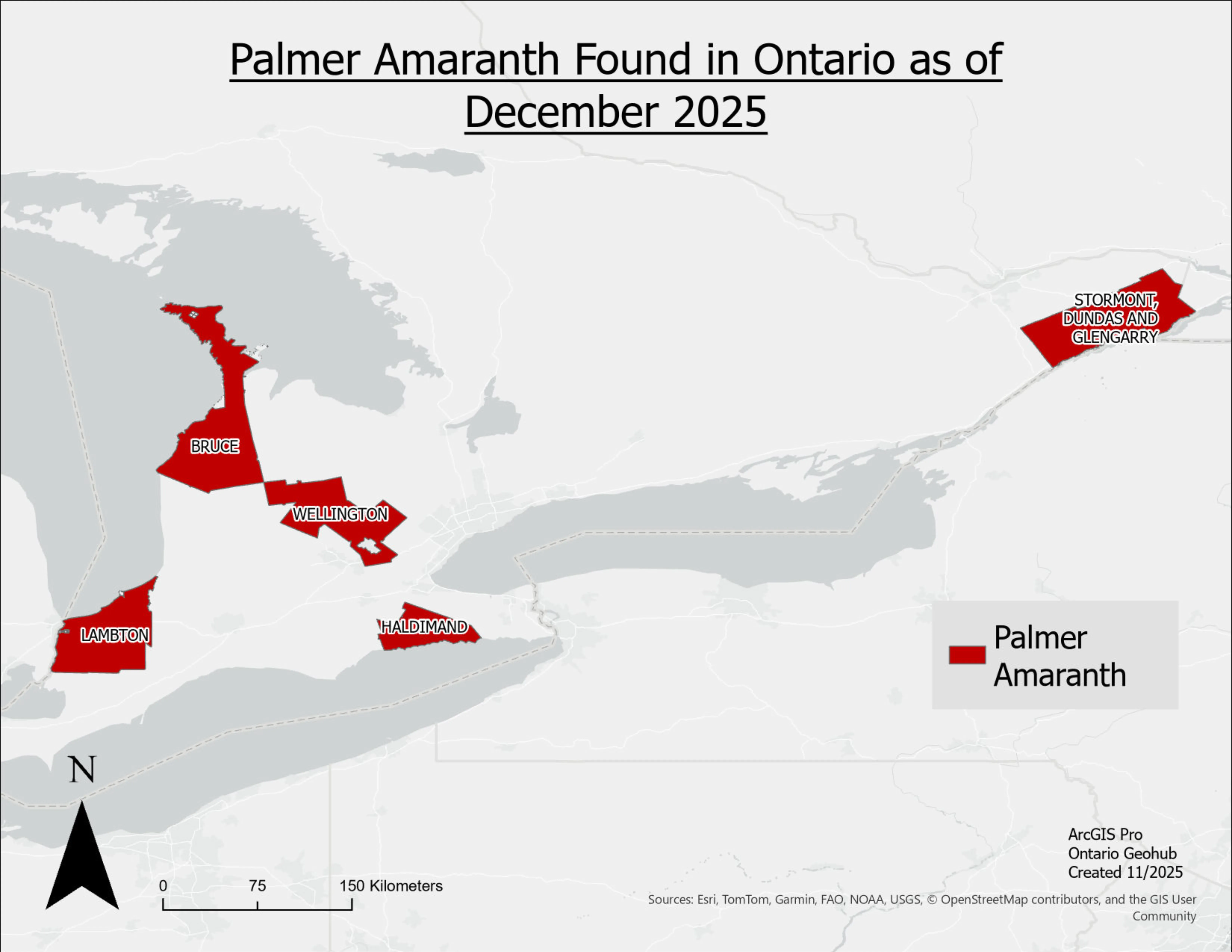 A map of Ontario with counties where Palmer amaranth has been found are filled in.