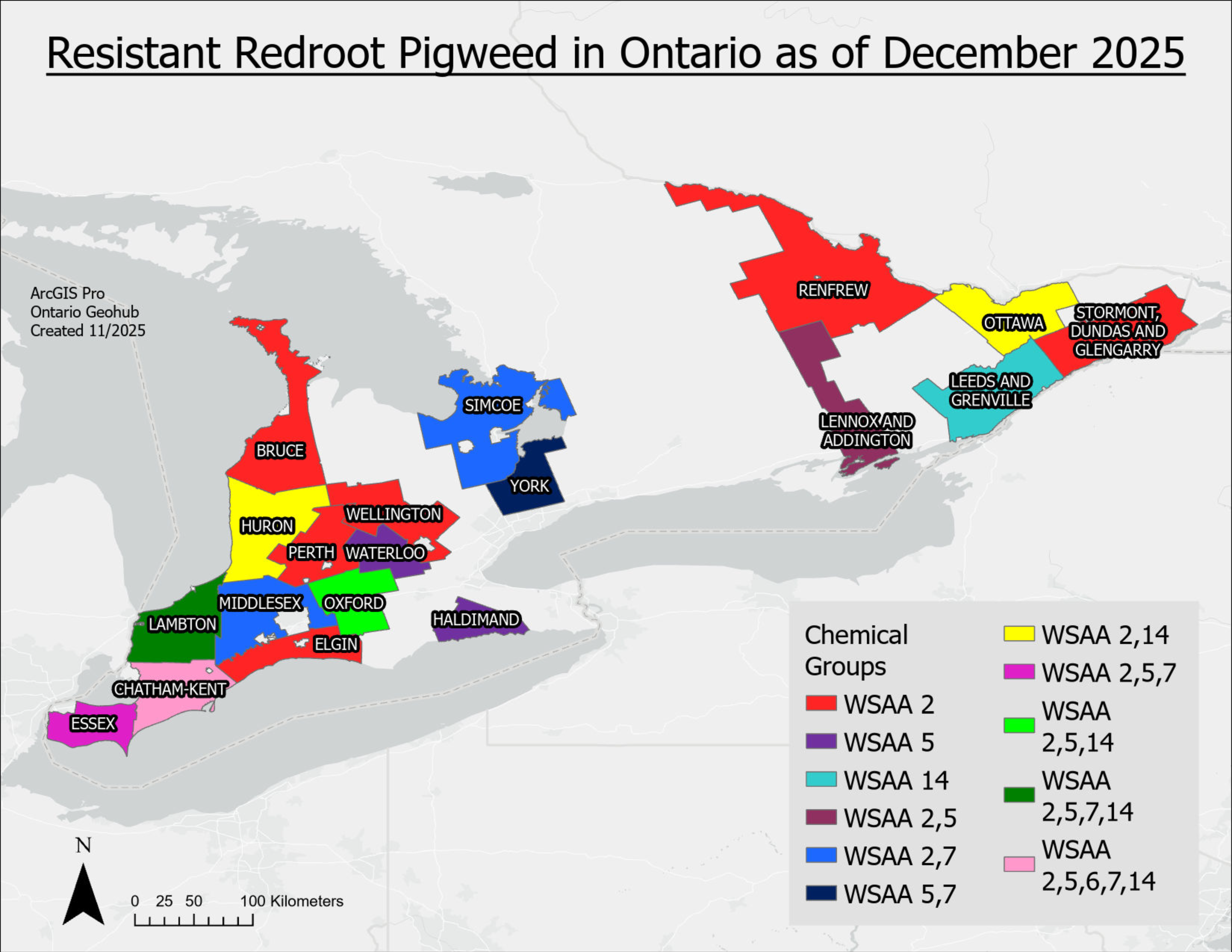 A map of Ontario with counties containing herbicide resistant redroot pigweed filled in.