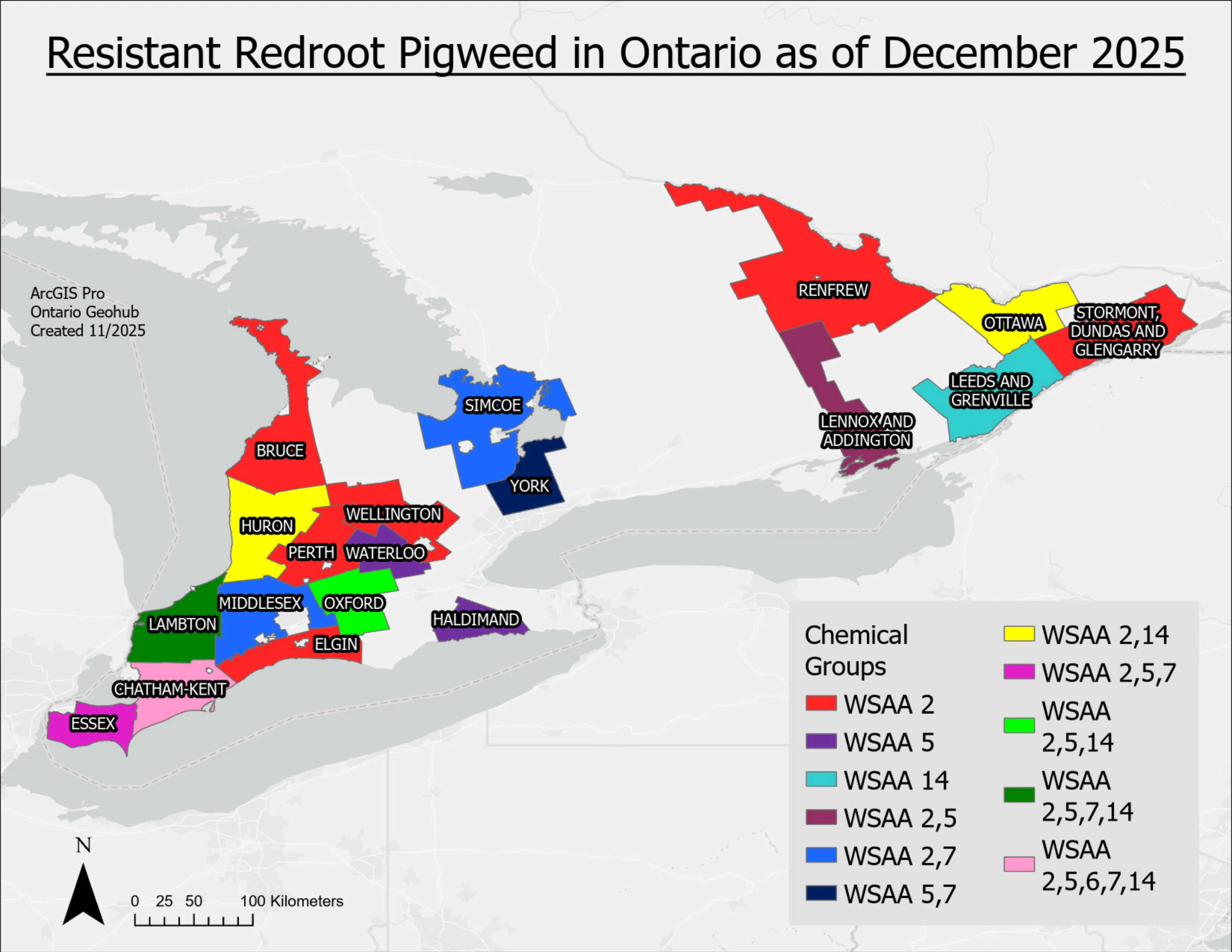 A map of Ontario with counties containing herbicide resistant redroot pigweed filled in.