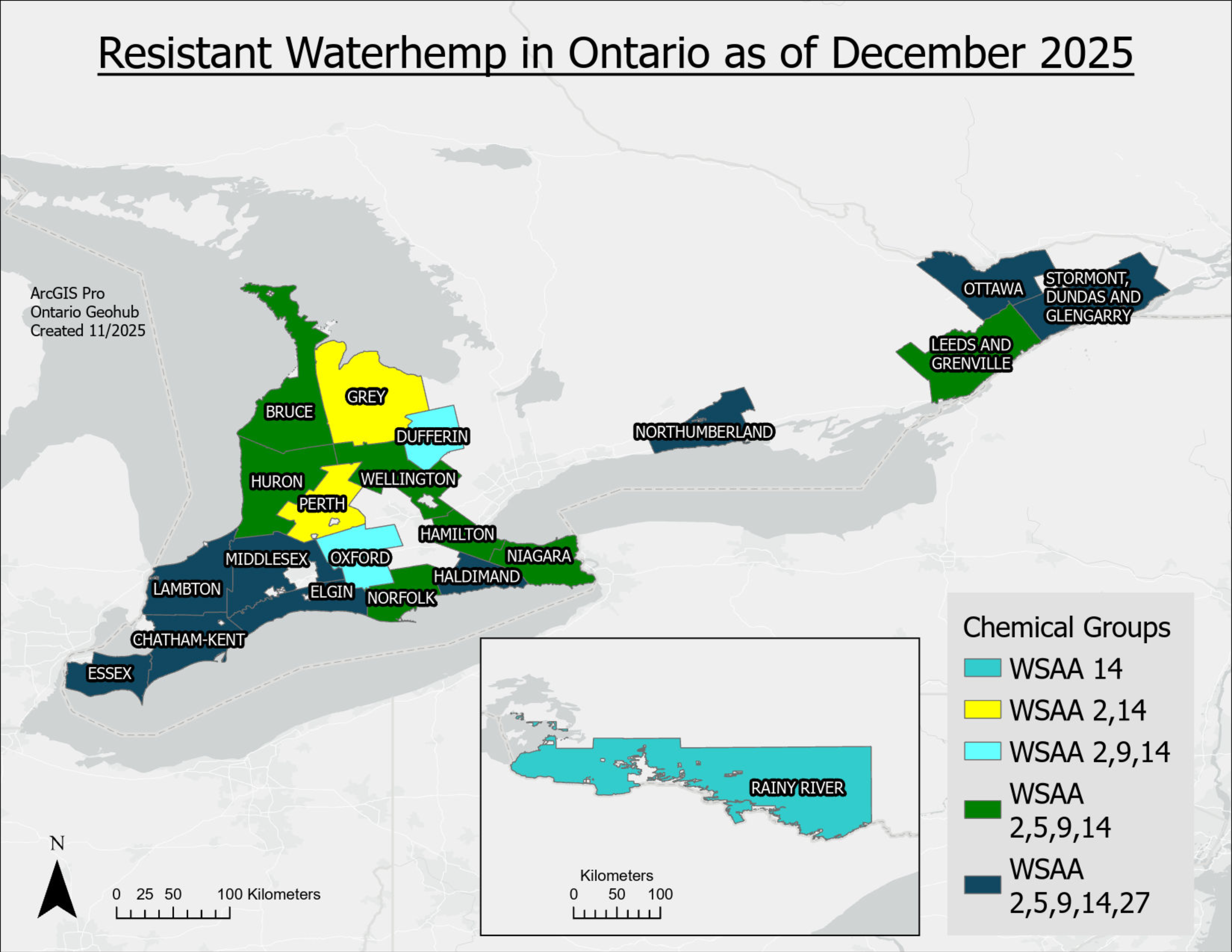 A map of Ontario with counties containing herbicide resistant waterhemp filled in.